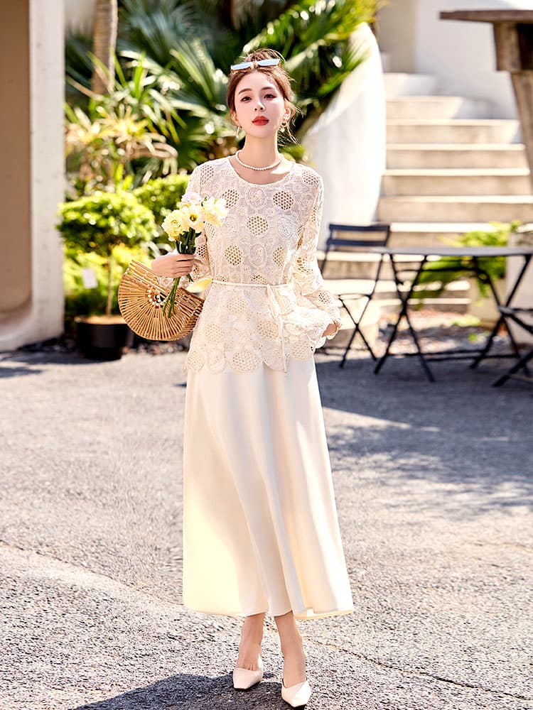 ワンピース レース 優美レース重ね花柄マキシワンピース