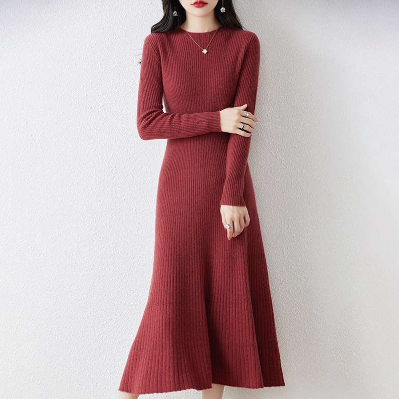 ロングワンピース なめらかリブ編み タートルワンピース
