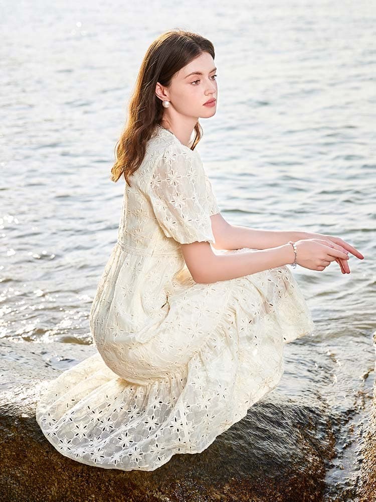 ロングワンピース レース 花刺繍レース ふんわりティアードワンピース