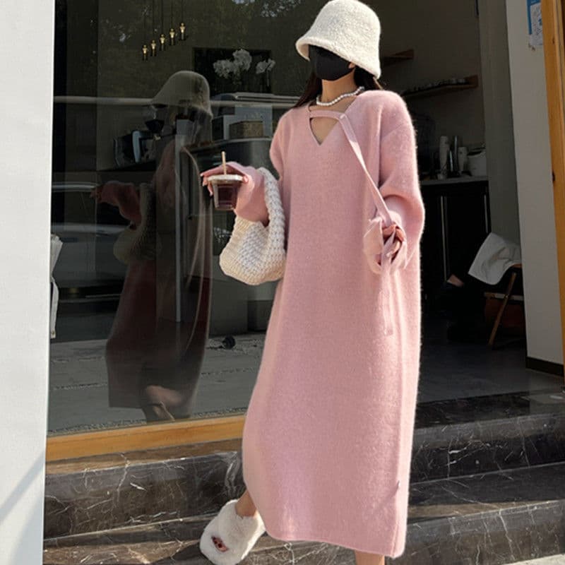 ロングワンピース ふんわり柔らか優美ニットワンピース