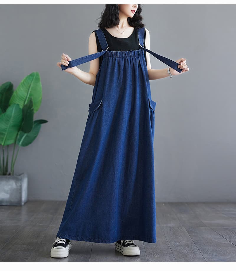 ロングワンピース ゆったりデニムサロペットワンピース