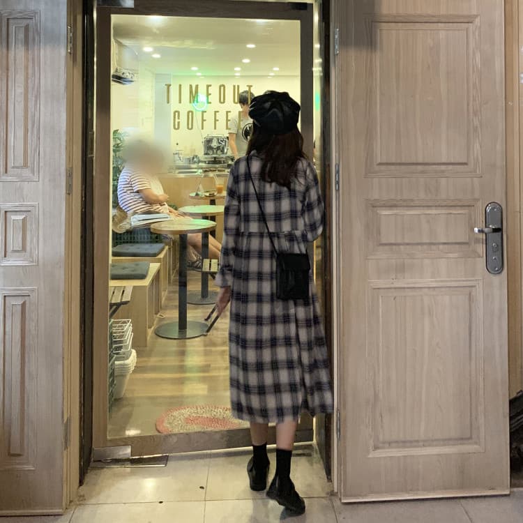 ロングワンピース 蝶結び付きチェック柄シャツワンピース レトロ風