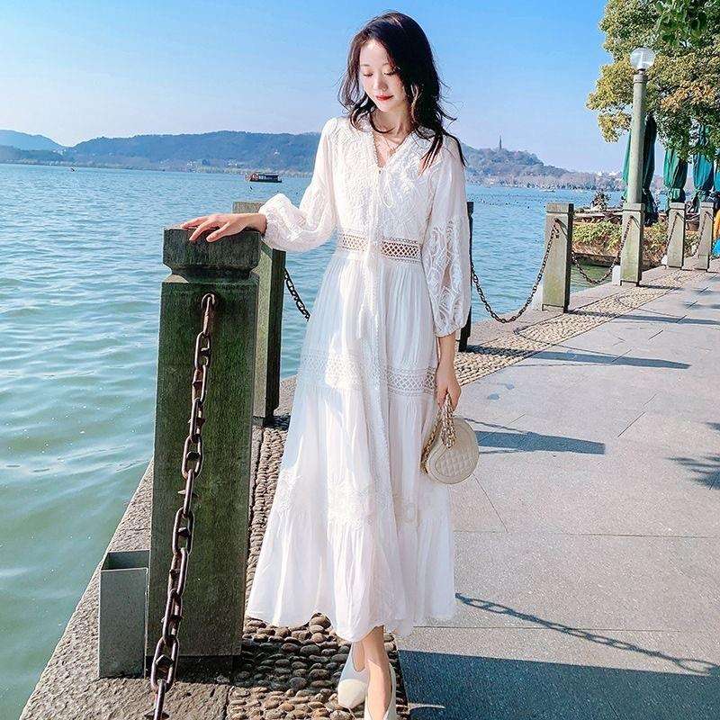 ロングワンピース シフォンレース リゾート マキシワンピース