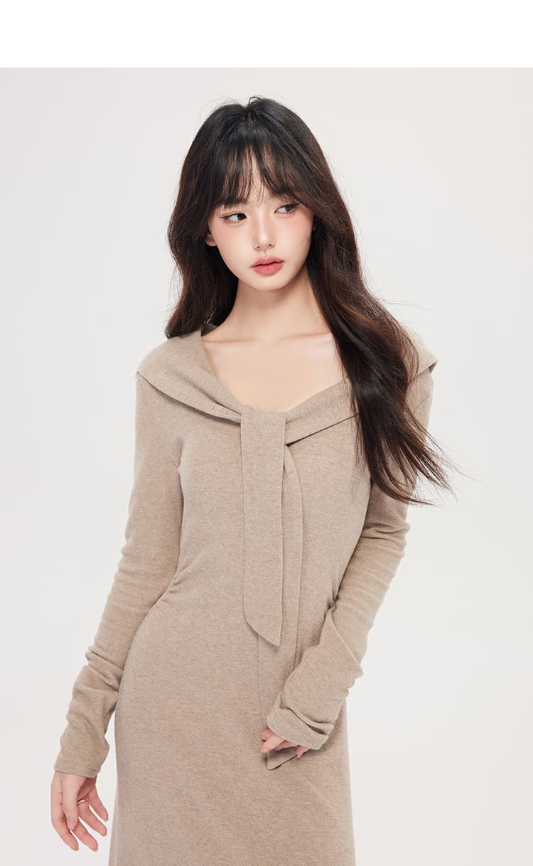 ロングワンピース シンプルドレープニットワンピース