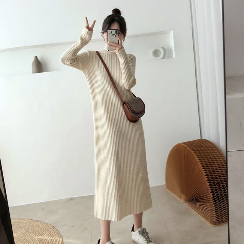 ロングワンピース リブ編みタートルネックロングワンピ