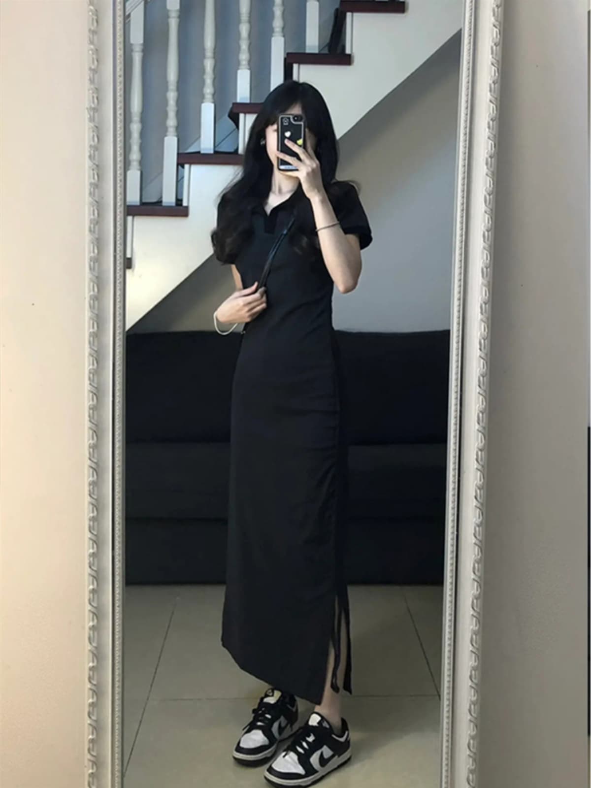 ロングワンピース ポロシャツ 襟付き半袖ロングワンピース スリット入り