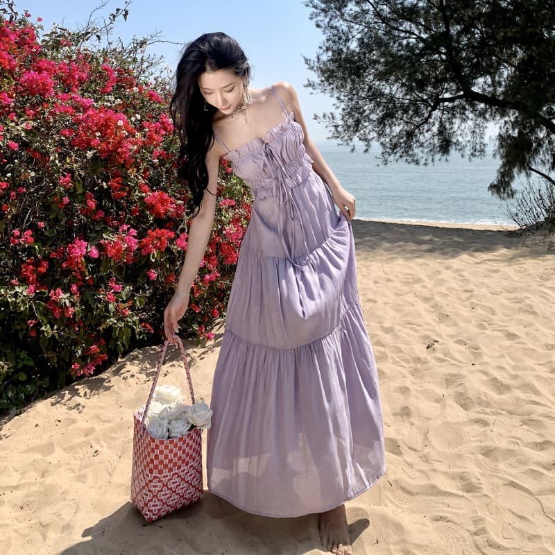 ロングワンピース キャミソール夏ワンピース 大人可愛い紫色 リゾート結婚式対応
