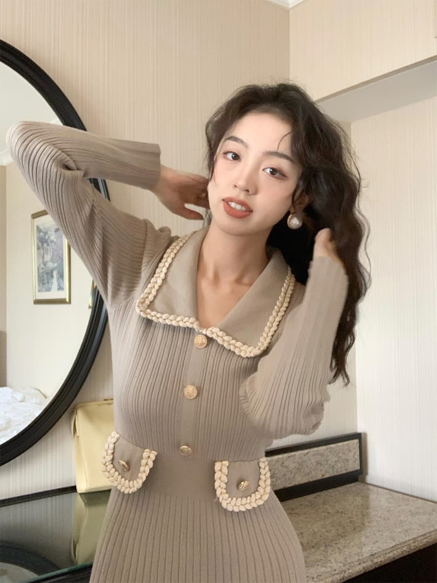 ロングワンピース ニット パール風装飾付きリブ編みロングワンピース