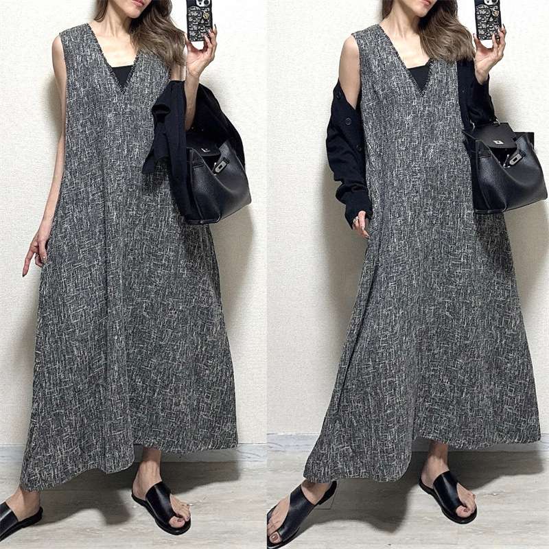 ロングワンピース ツイード調ジャンパースカート風ロングワンピース