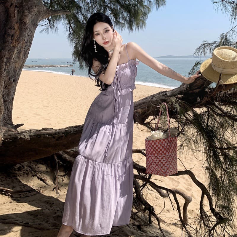 ロングワンピース キャミソール夏ワンピース 大人可愛い紫色 リゾート結婚式対応
