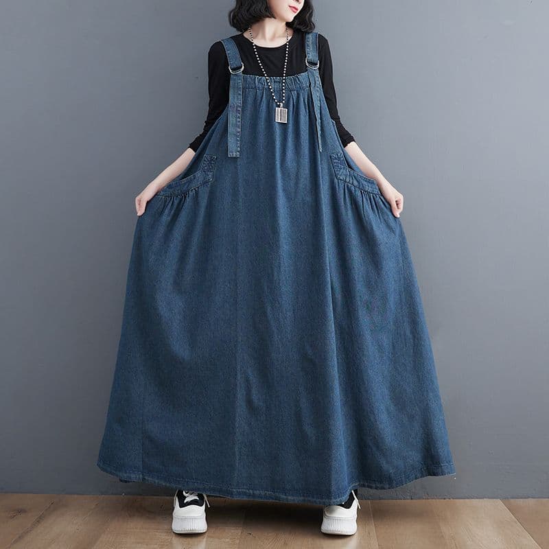 ロングワンピース ゆったりデニムサロペットワンピース