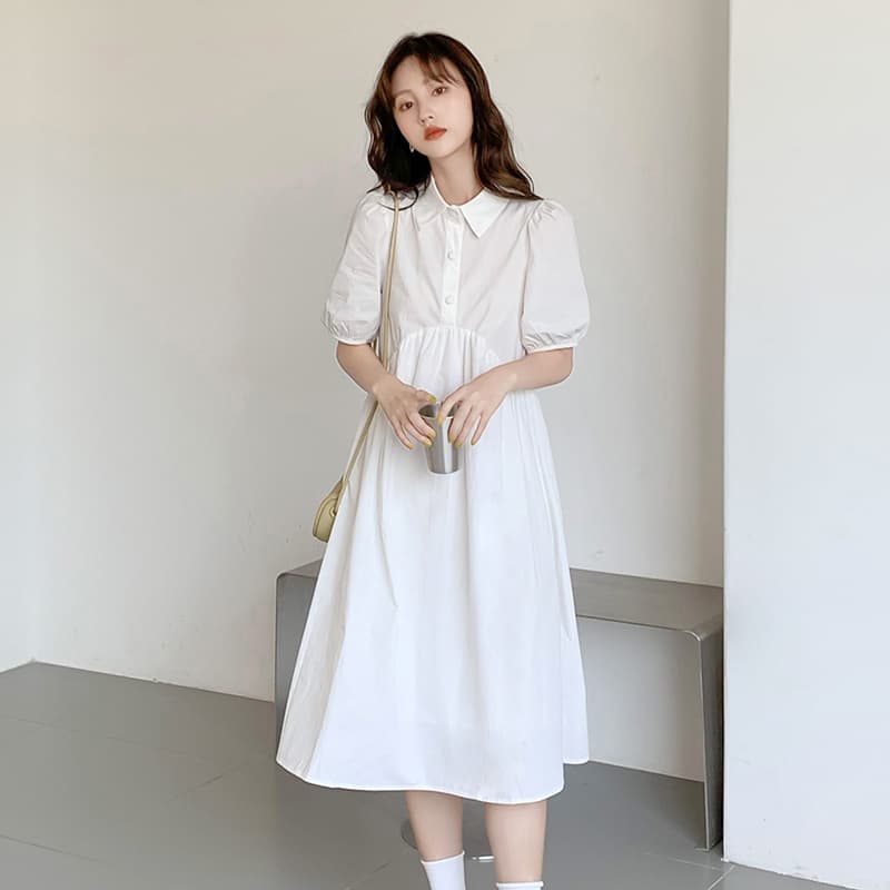 ロングワンピース シャツ パフスリーブ襟付きウエストギャザーシャツワンピース