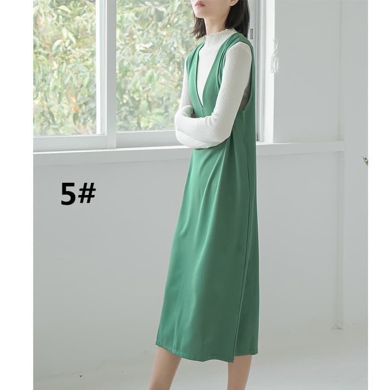 ロングワンピース 人気ノースリーブロング丈ワンピース深Vネックレディース