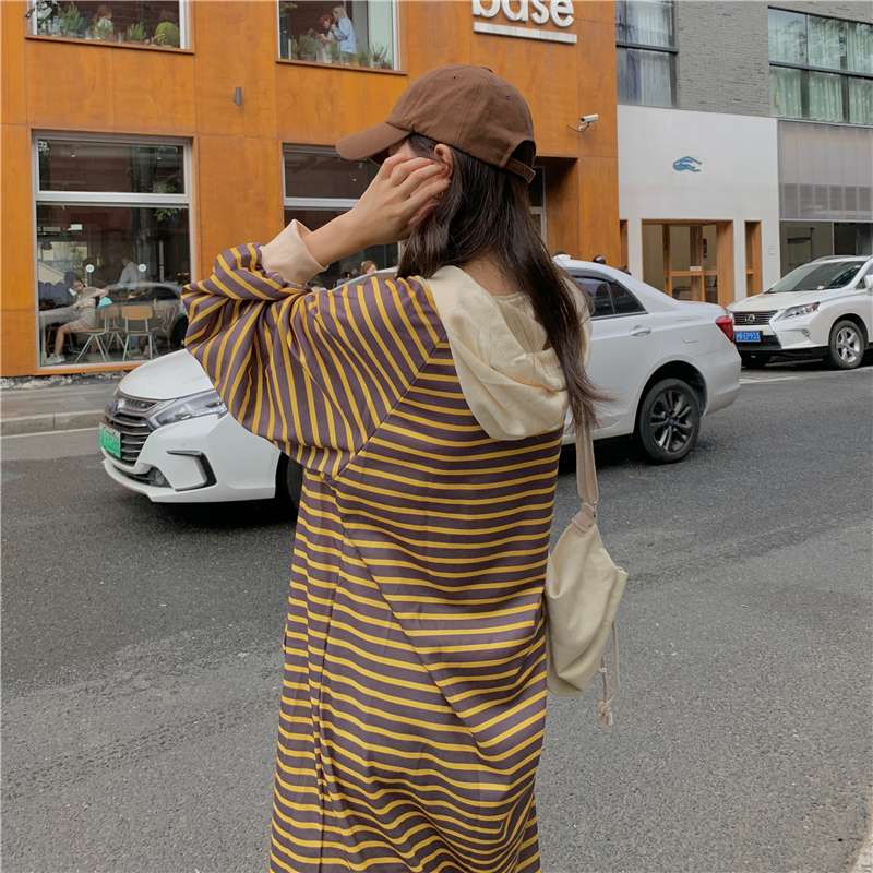 ロングワンピース ゆったりボーダーフードワンピース