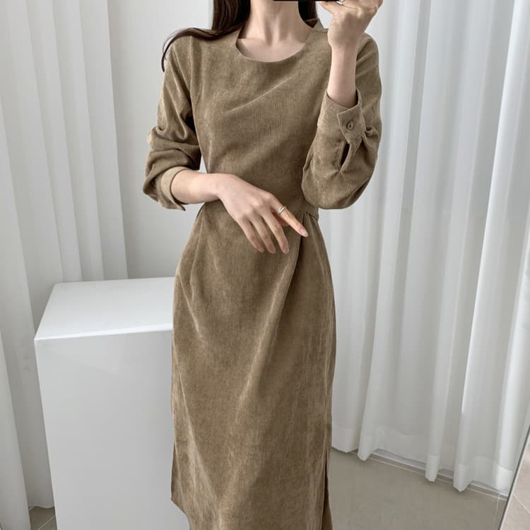 ロングワンピース シンプル コーデュロイ マキシ ワンピース ウエストマーク