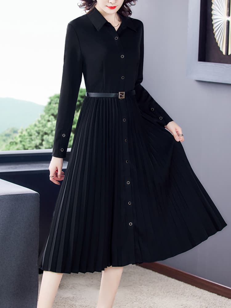 ロングワンピース シャツ プリーツスカート付きシャツワンピース