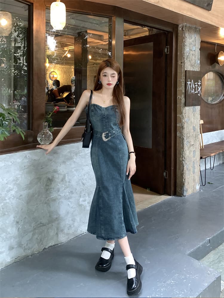 ロングワンピース デニム 細身デザイン マーメイドワンピース