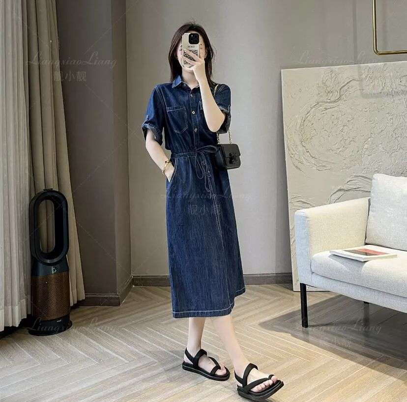 ロングワンピース ゆったりデニムシャツワンピース