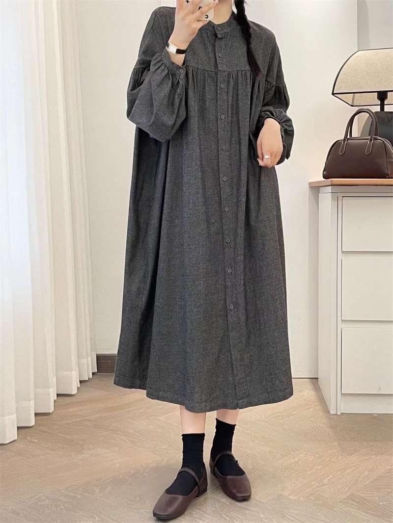 ロングワンピース ギャザーフリル襟 シャーリング ロングワンピース