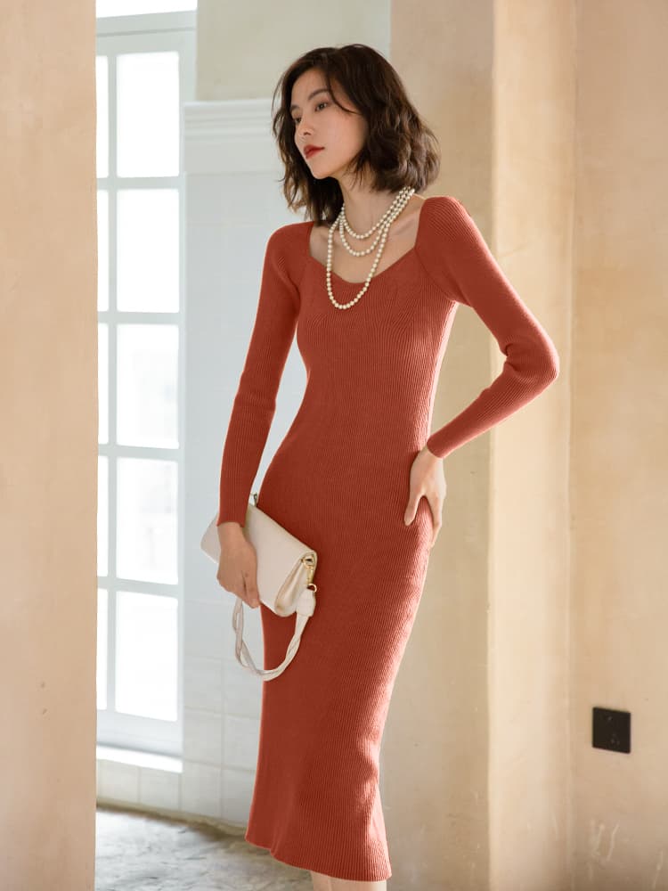 ロングワンピース ニット シンプル美シルエットリブニットワンピース