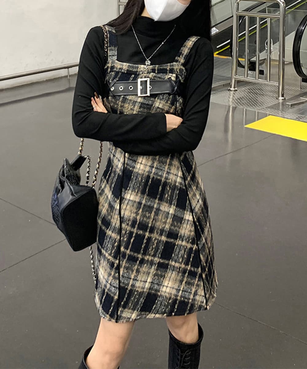 ロングワンピース チェック柄フレアサスペンダーワンピース