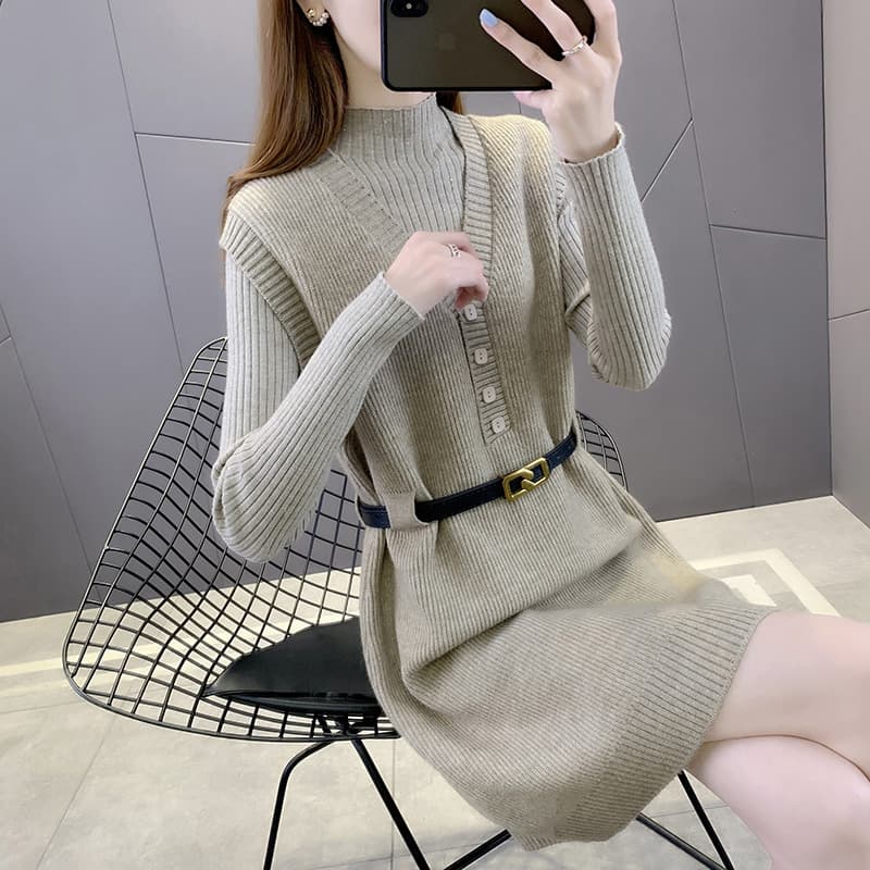 ロングワンピース ニット リブ編みハイネックニットワンピース