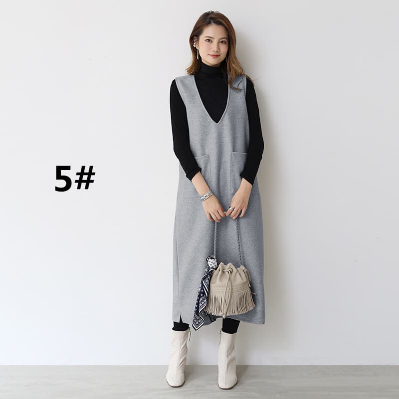 ロングワンピース 秋冬ノースリーブロング丈ワンピース ポケット付きジャンパースカート