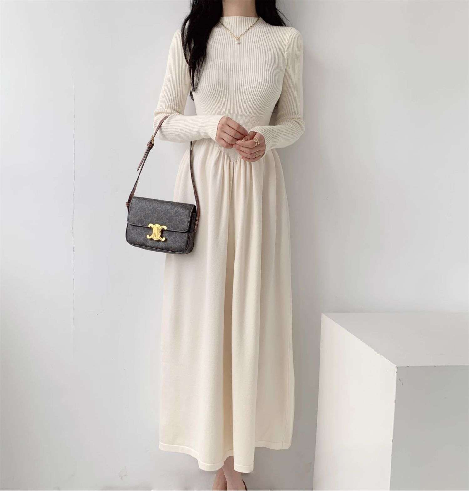 ロングワンピース シンプル上品リブニットロングワンピース