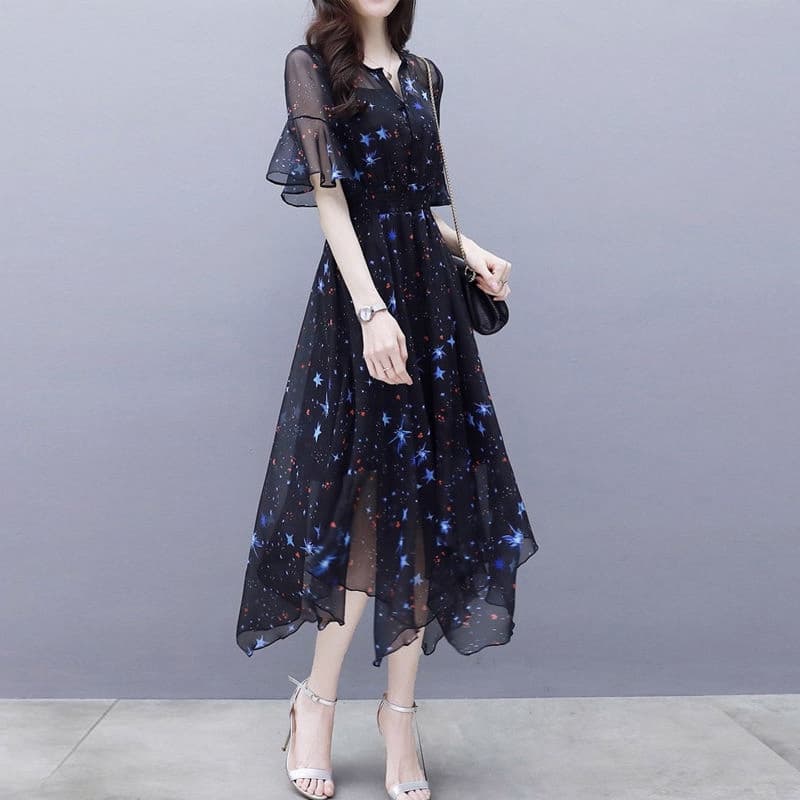 ロングワンピース 星座柄シフォンレース袖フレア裾ロングワンピース
