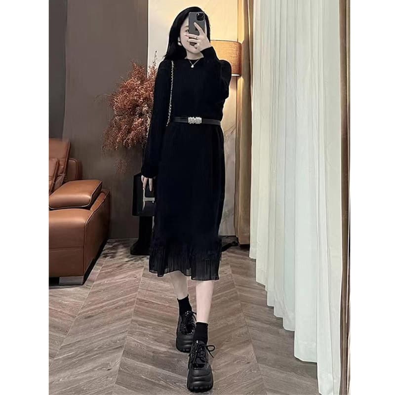 ロングワンピース レース裾デザイン リブニットワンピース