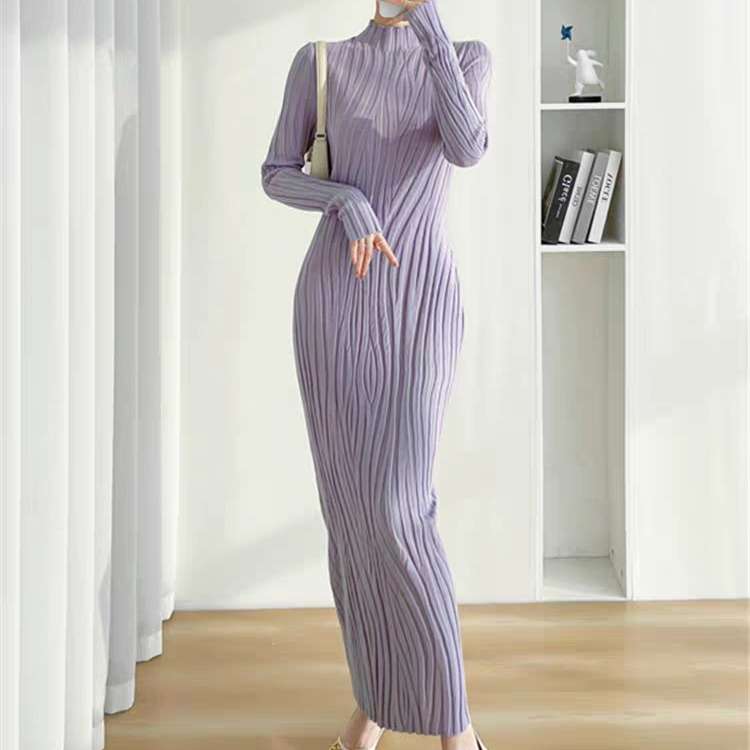 ロングワンピース 贅沢リブ編み ハイネックロングワンピース