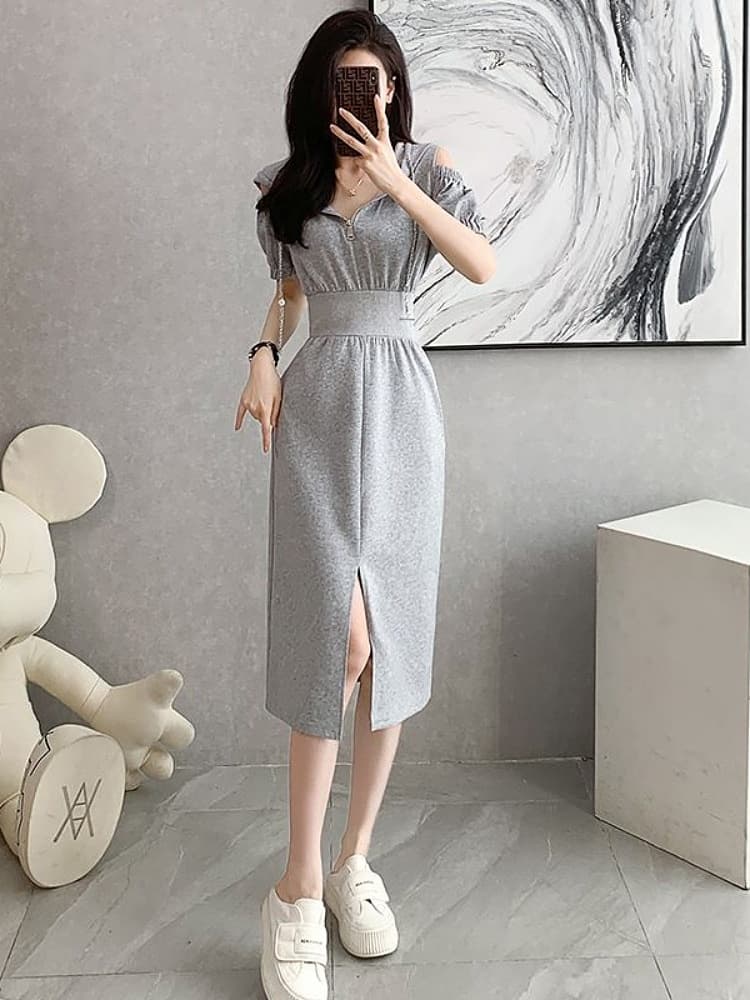 ワンピース スウェット フロントジップ ウエストマーク ミディ丈ワンピース