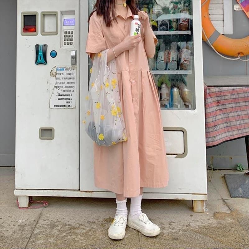 ロングワンピース シャツ 襟付き半袖ティアードロングワンピース