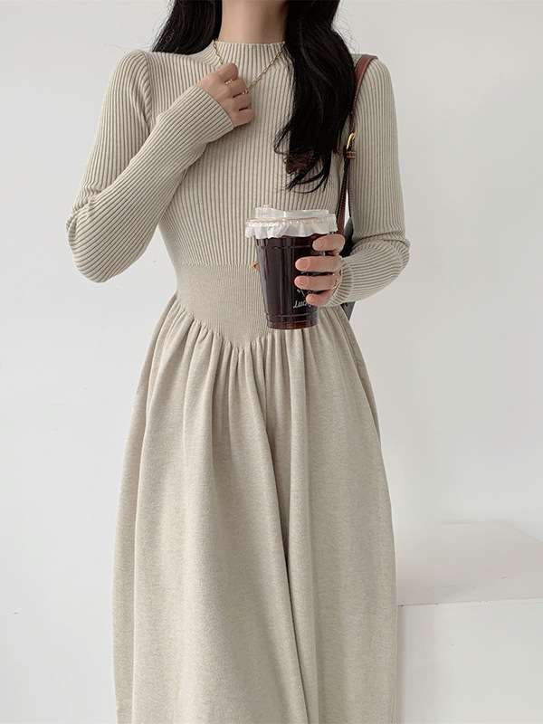 ロングワンピース シンプル上品リブニットロングワンピース