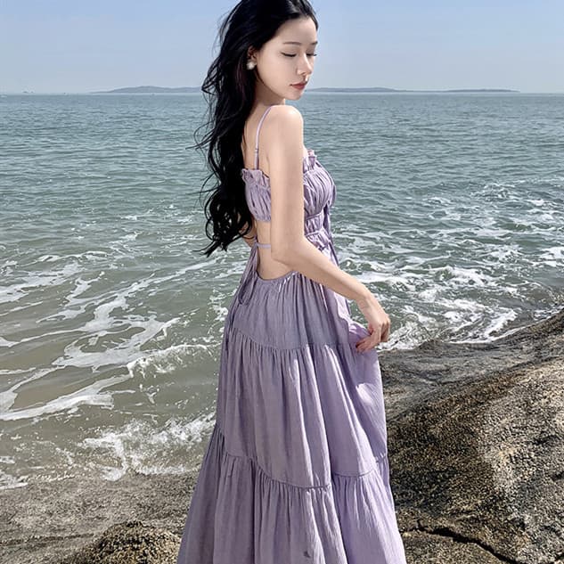 ロングワンピース キャミソール夏ワンピース 大人可愛い紫色 リゾート結婚式対応