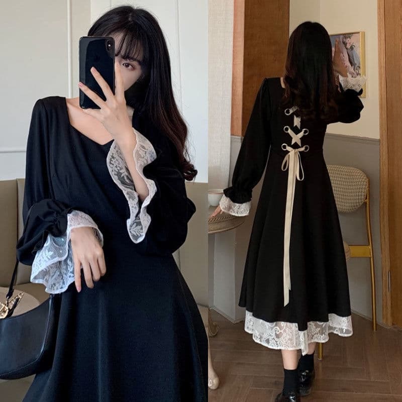 ロングワンピース 背中リボン レース切替 姫袖ワンピース