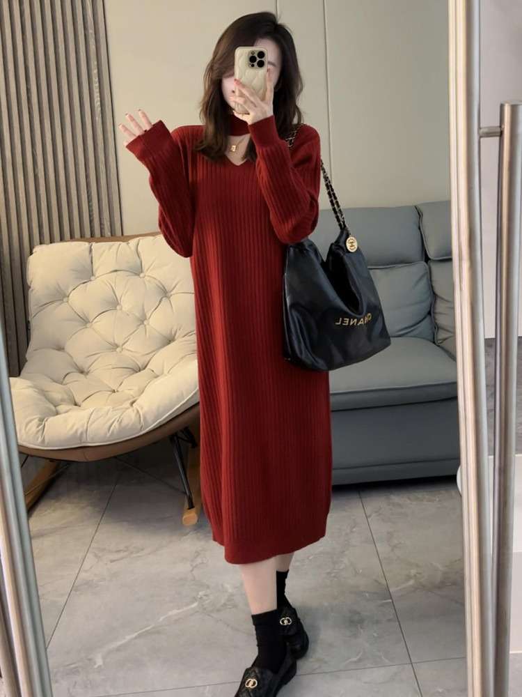 ロングワンピース シンプル美シルエットリブニットワンピース