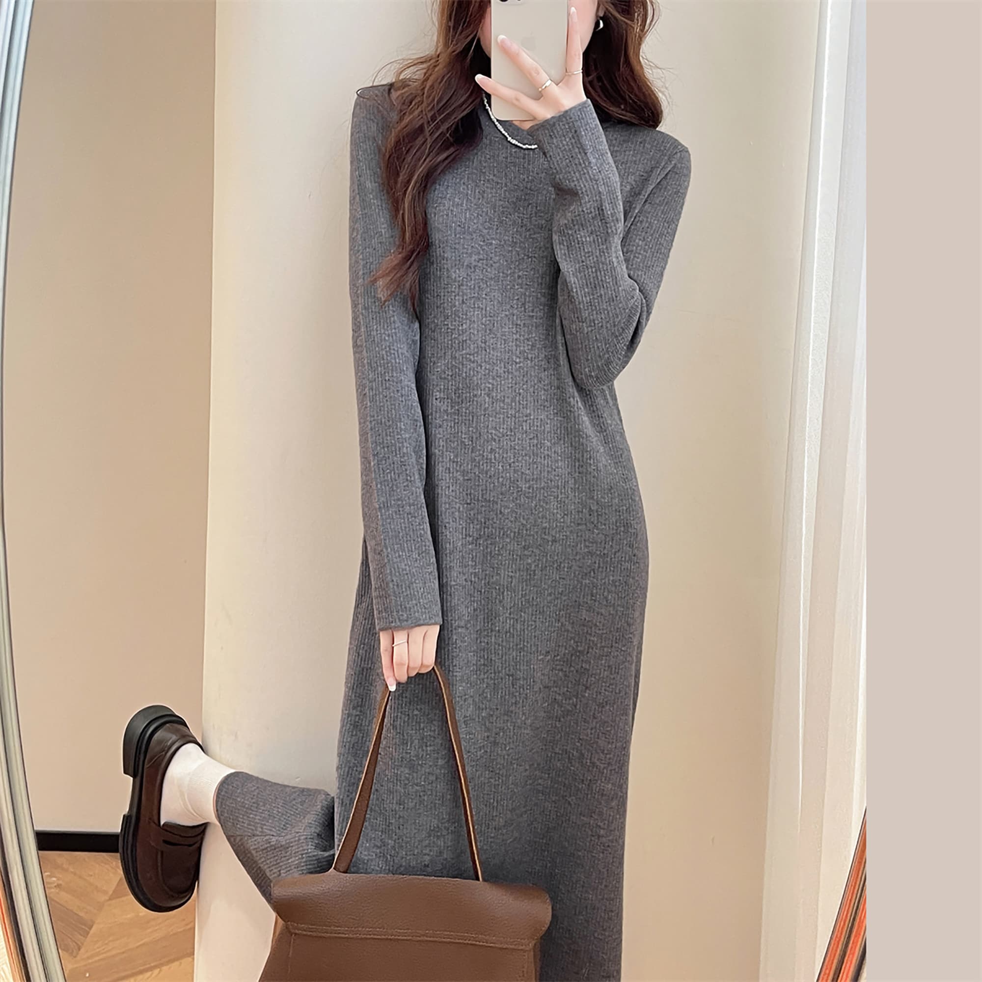 ロングワンピース ニット シンプルリブ編みロングワンピース