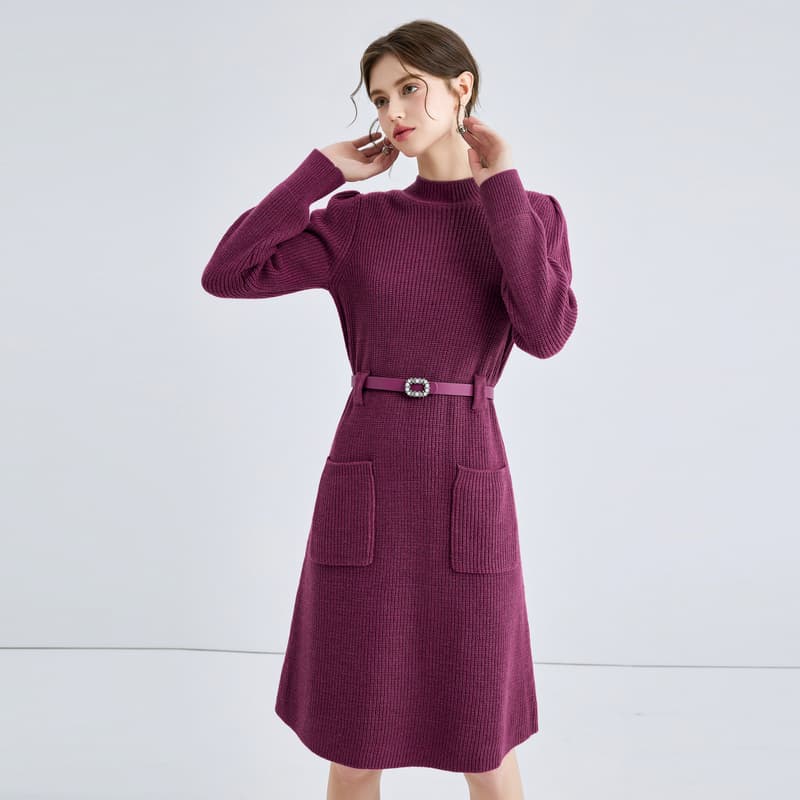 ロングワンピース ハイネックベルト付きニットワンピース