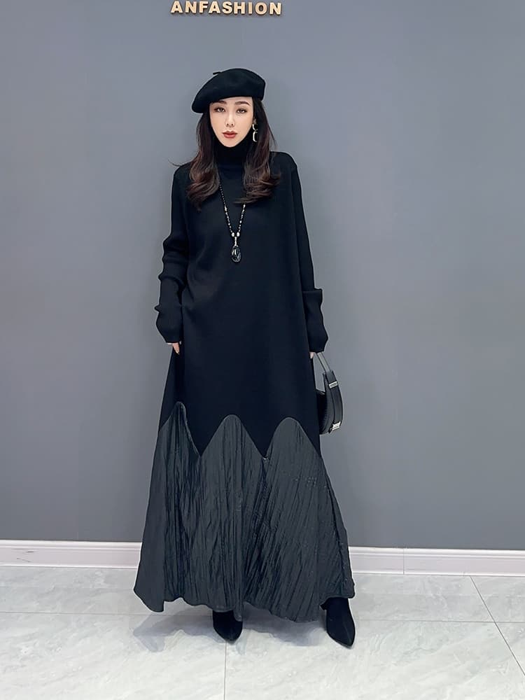 ロングワンピース タートルネック 切り替えデザイン ドレープ ロングワンピース