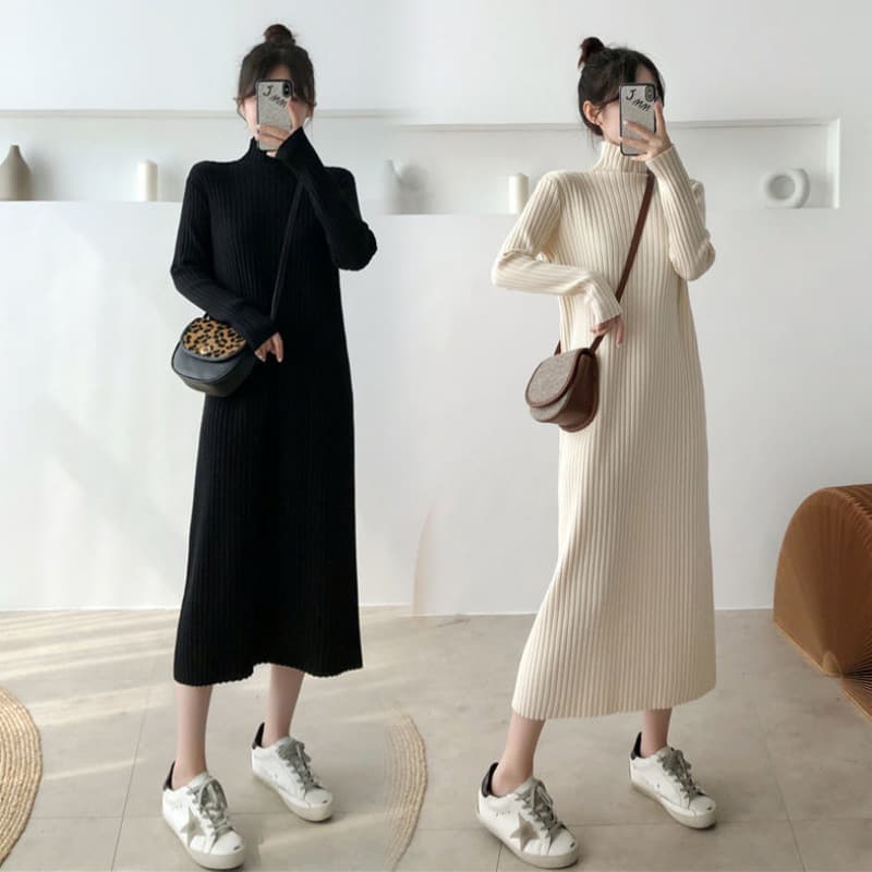 ロングワンピース リブ編みタートルネックロングワンピ