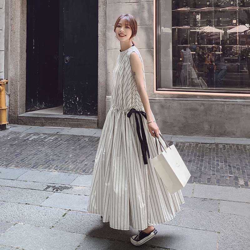 ロングワンピース シンプル細ストライプ ノースリーブマキシワンピース