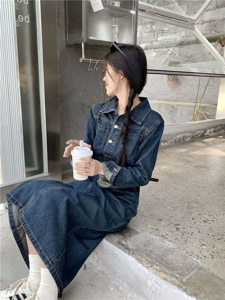 ロングワンピース クラシカル デニムワンピース