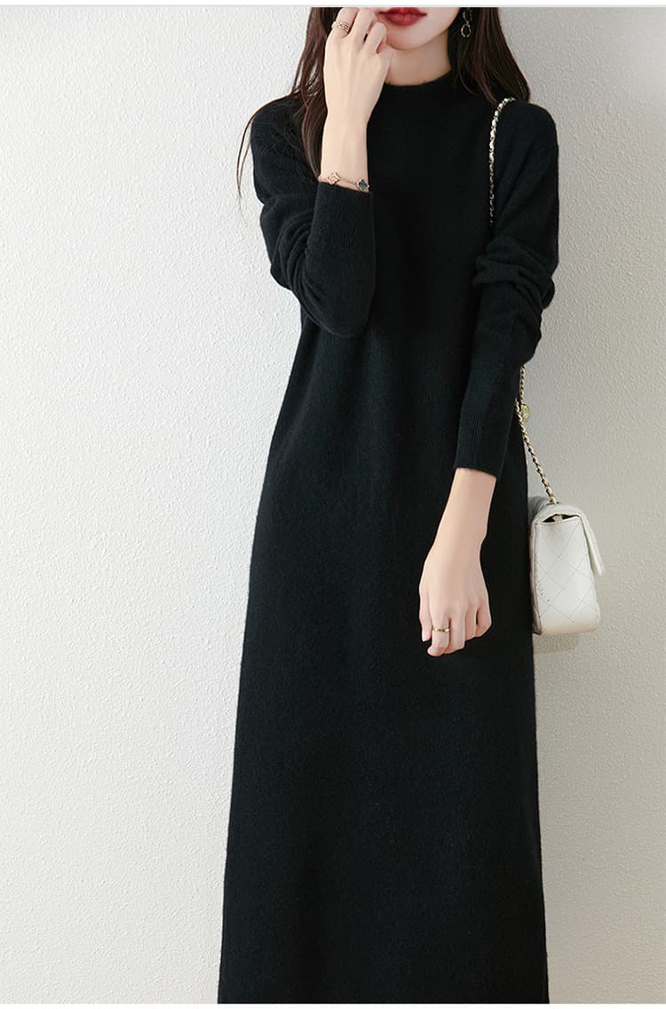 ロングワンピース 上質シンプル モックネックニットワンピース