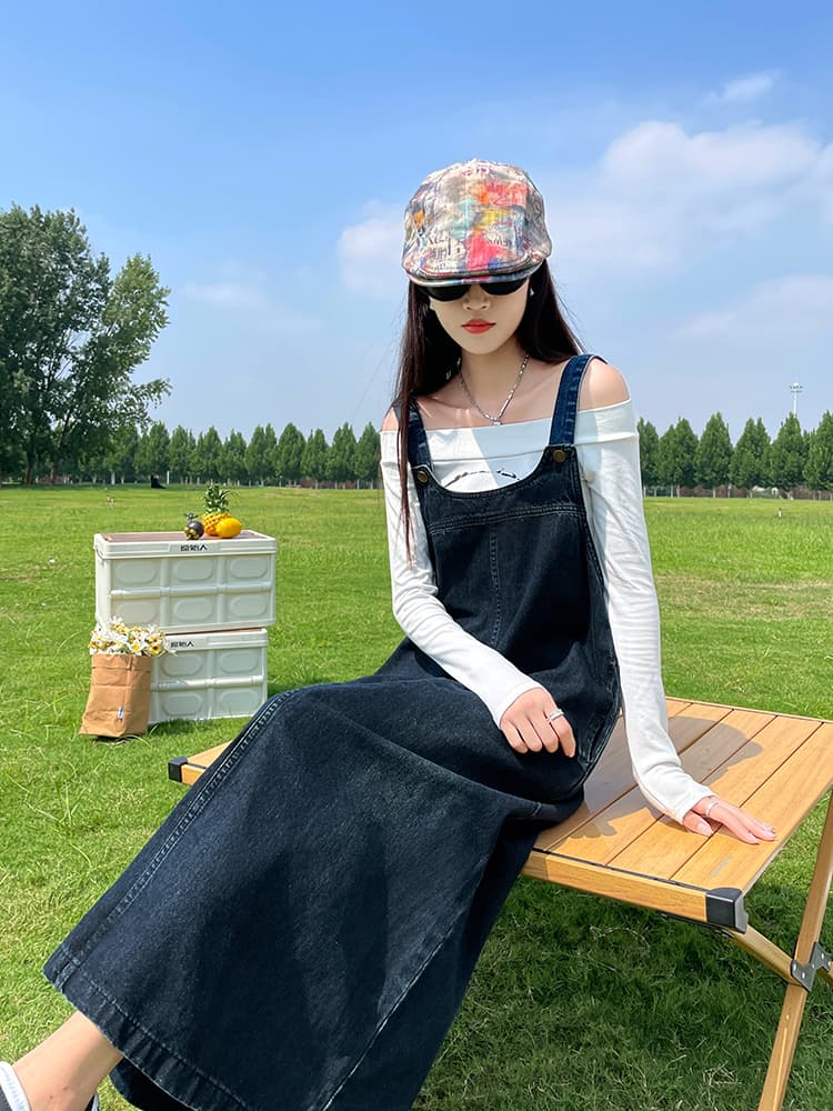 ロングワンピース デニム ナチュラルサロペットワンピース