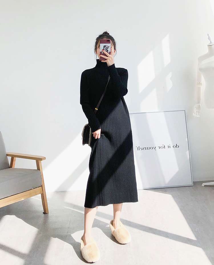 ロングワンピース リブ編みタートルネックミディアム丈ワンピース