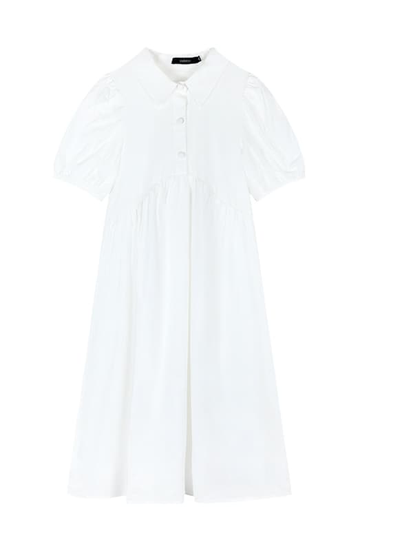 ロングワンピース シャツ パフスリーブ襟付きウエストギャザーシャツワンピース