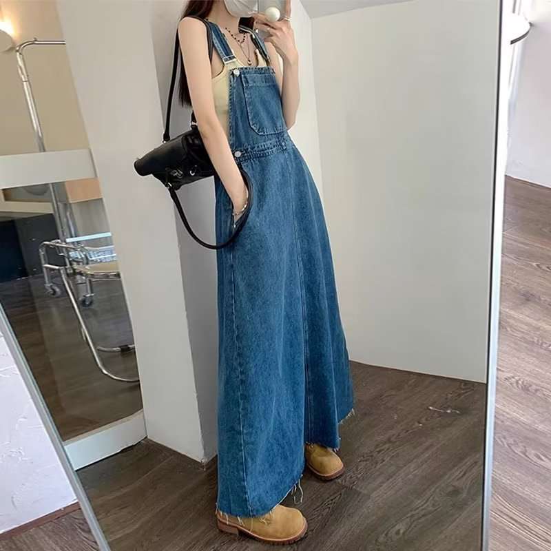 ロングワンピース ゆったりデニムサロペットワンピース