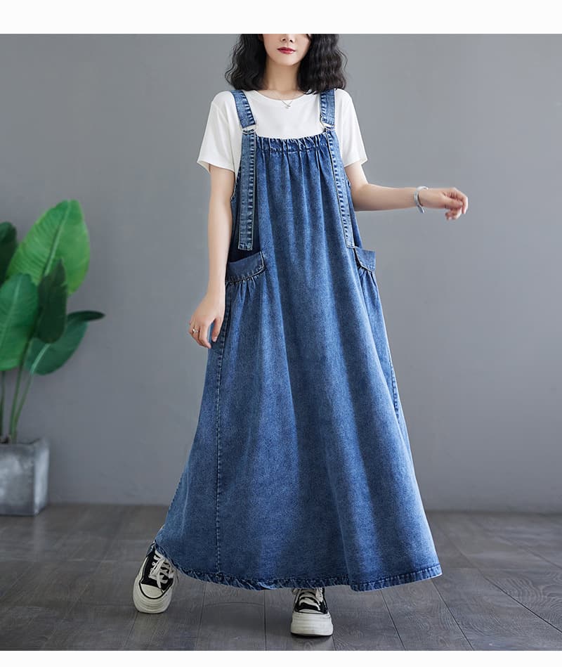 ロングワンピース ゆったりデニムサロペットワンピース