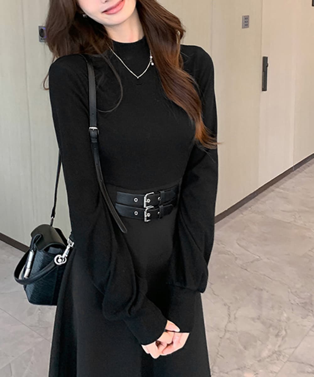 ニット切り替えベルト飾りロングワンピース